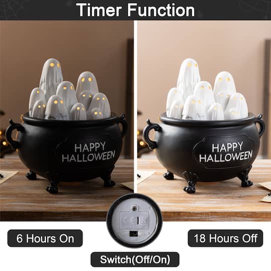 Glitzhome® 9" Halloween Lighted Polyresin Ghosts in Cauldron Table Decor with Timer